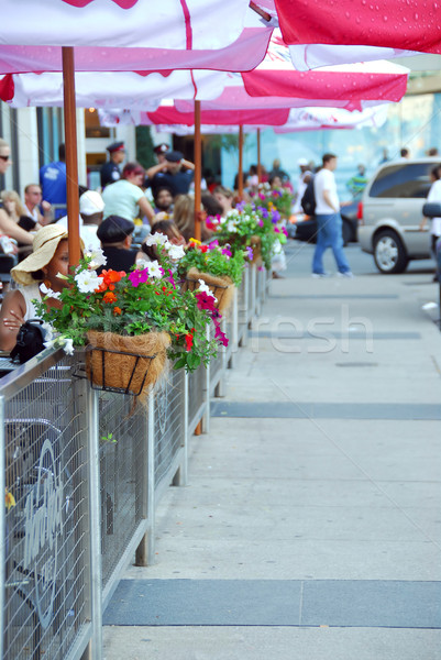 人行道 咖啡館 背後 籬笆 裝飾 花卉 商業照片 © elenaphoto