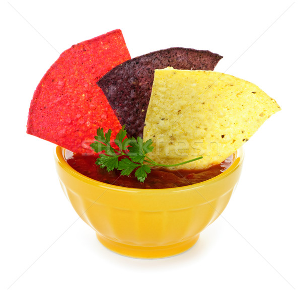 Tortilla cips salsa çanak renkli yalıtılmış Stok fotoğraf © elenaphoto