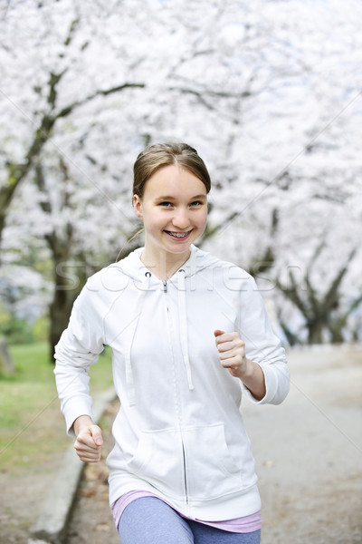 [[stock_photo]]: Fille · jogging · parc · belle · adolescente · floraison