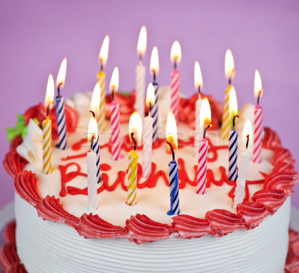 Birthday cake with lit candles Stock photo © elenaphoto