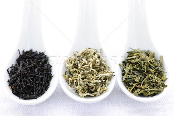 Assortment of dry tea leaves in spoons Stock photo © elenaphoto
