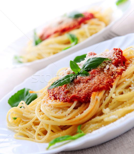 Stockfoto: Pasta · tomatensaus · basilicum · diner · eten · tomaat