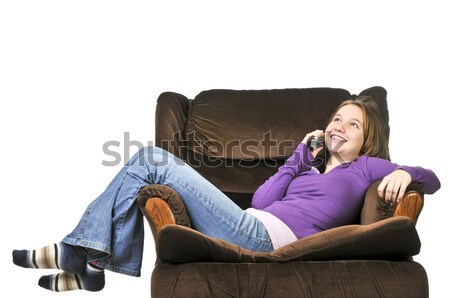 Stockfoto: Tienermeisje · praten · telefoon · vergadering · fauteuil · vrouw