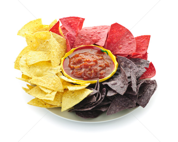 Tortilla cips salsa çanak renkli yalıtılmış Stok fotoğraf © elenaphoto