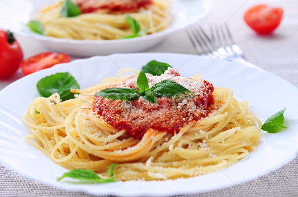 Stock foto: Pasta · Tomatensauce · Basilikum · Abendessen · Essen · Tomaten