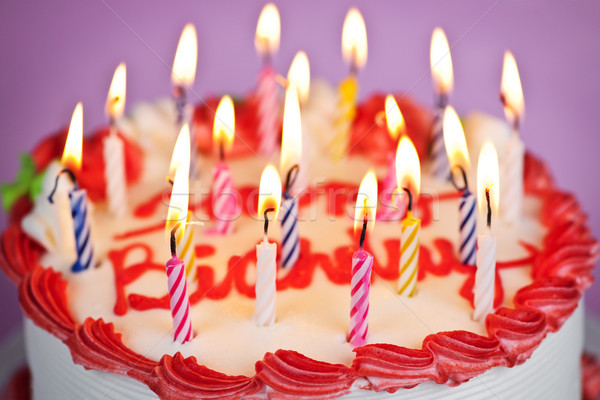 Birthday cake with lit candles Stock photo © elenaphoto