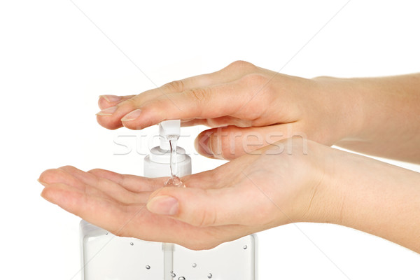 Stock foto: Hände · Gel · weiblichen · Hand · pumpen · Flasche