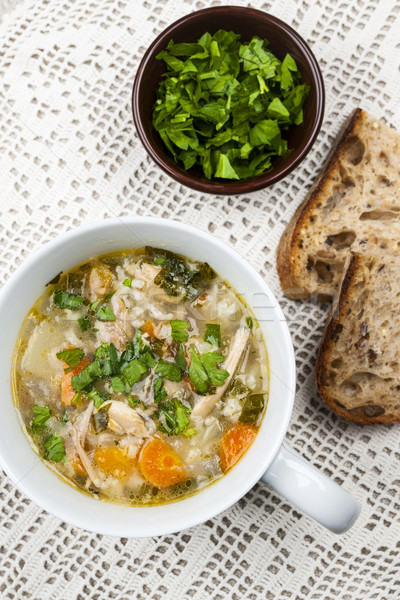 Cup brodo di pollo caldo pollo riso zuppa Foto d'archivio © elenaphoto