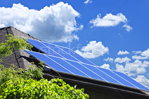 Zonnepanelen alternatief energie fotovoltaïsche dak Stockfoto © elenaphoto