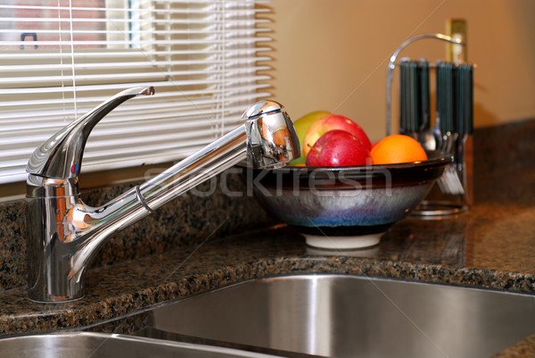 Konyha belső belső modern konyha rozsdamentes acél dupla Stock fotó © elenaphoto
