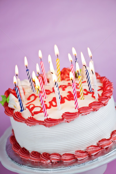 Birthday cake with lit candles Stock photo © elenaphoto