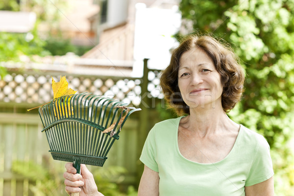 Idős nő tart gereblye nő mosolyog kerti munka Stock fotó © elenaphoto