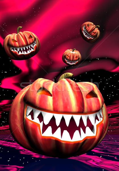 飞行    红色 / halloween pumpkins flying in red starry night