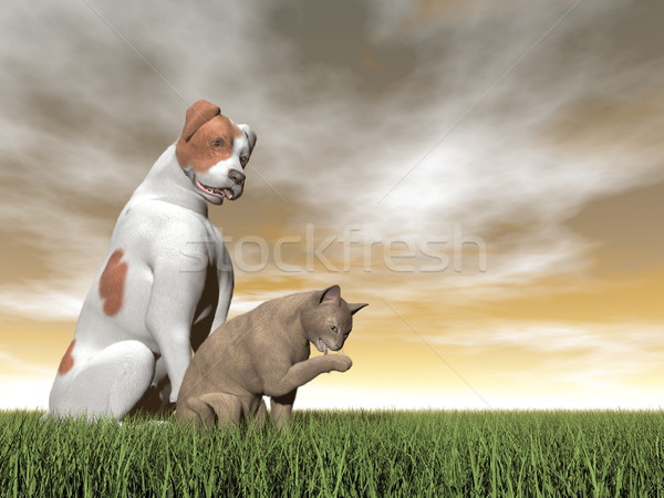 Dog and cat friendship - 3D render Stock photo © Elenarts