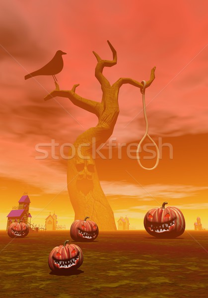 Foto stock: Halloween · cena · abóboras · lanterna · árvore · corda