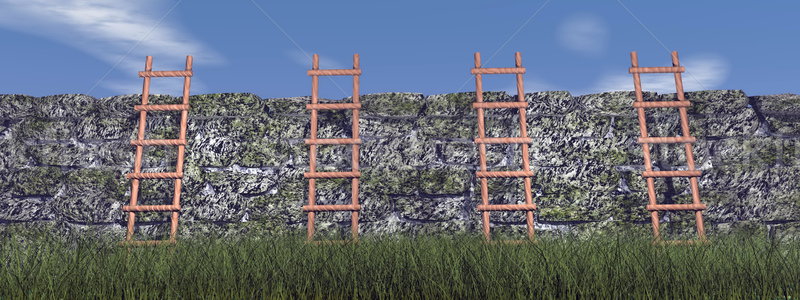 Stockfoto: 3d · render · vier · houten · grijs · muur