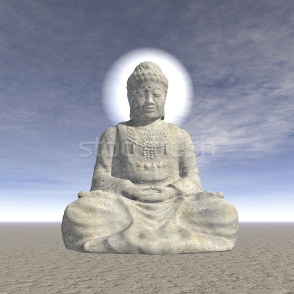 Buddha 3d face piatră statuie meditativ halo Imagine de stoc © Elenarts