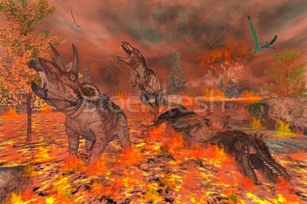 Dinosaurs, tyrannosaurus and triceratops, exctinction - 3D render Stock photo © Elenarts