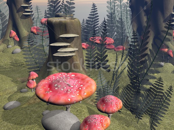 Fly agaric mushrooms in the forest - 3D render Stock photo © Elenarts