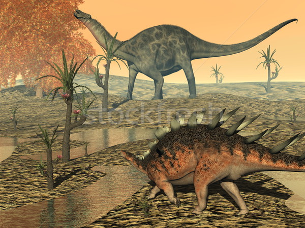 Dicaeosaurus and kentrosaurus dinosaurs - 3D render Stock photo © Elenarts