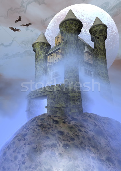Dziwny zamek 3d pływające noc pełnia księżyca Zdjęcia stock © Elenarts