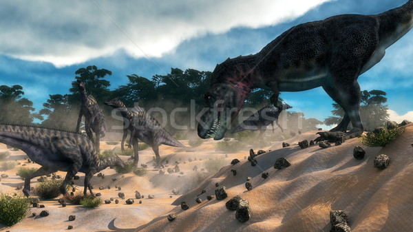 Saurolophus hunting tarbosaurus dinosaur - 3D render Stock photo © Elenarts