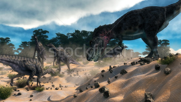 Stock photo: Saurolophus hunting tarbosaurus dinosaur - 3D render