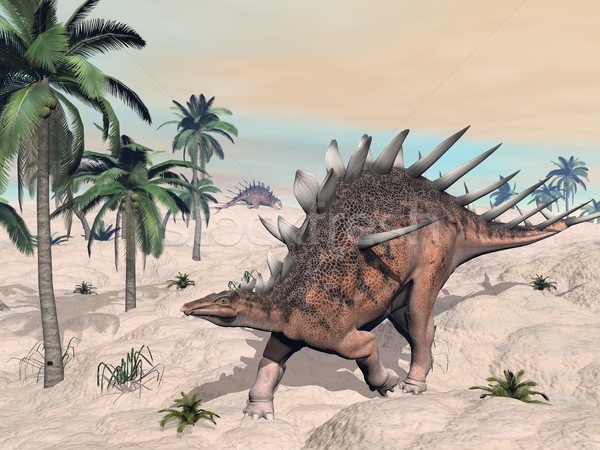 Kentrosaurus dinosaurs in the desert - 3D render Stock photo © Elenarts