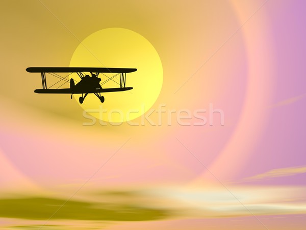 Biplan behind the sun - 3D render Stock photo © Elenarts