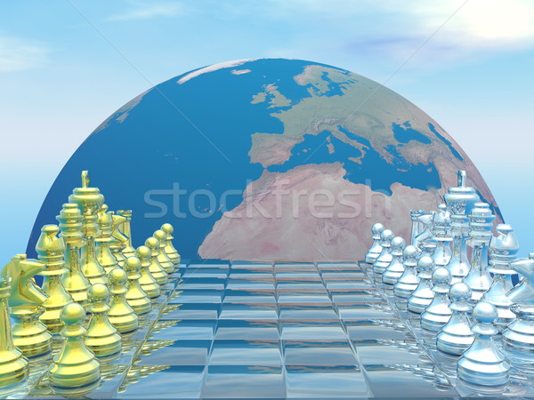 Сток-фото: глобальный · стратегия · 3d · визуализации · шахматная · доска · земле · планеты