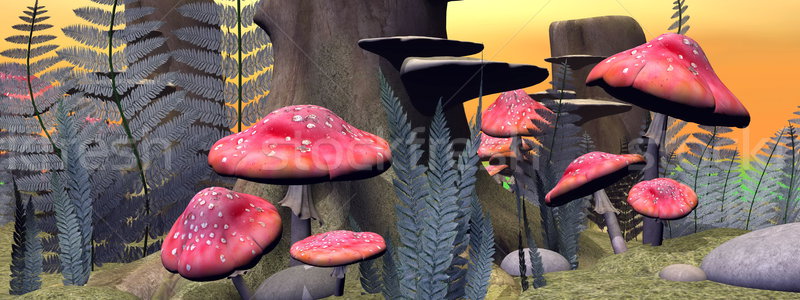 Fly agaric mushrooms in the forest - 3D render Stock photo © Elenarts
