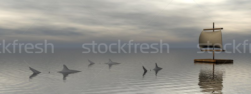 Floß Haie Holz Ozean bewölkt Wetter Stock foto © Elenarts