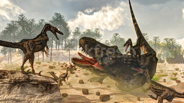 Tarbosaurus attacked by velociraptor dinosaurs - 3D render Stock photo © Elenarts