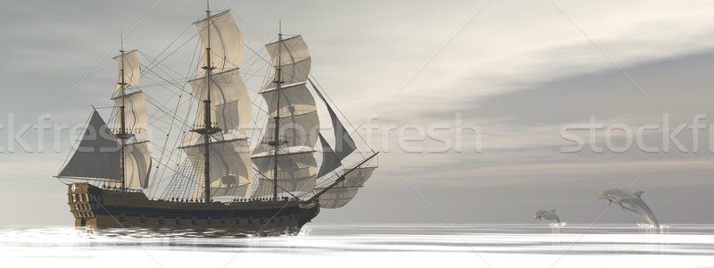 Old merchant ship and dolphins - 3D render Stock photo © Elenarts