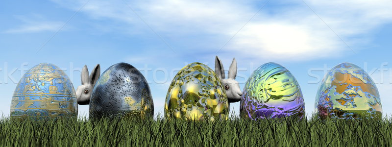 пасхальных яиц кролик 3d визуализации два белый Кролики Сток-фото © Elenarts