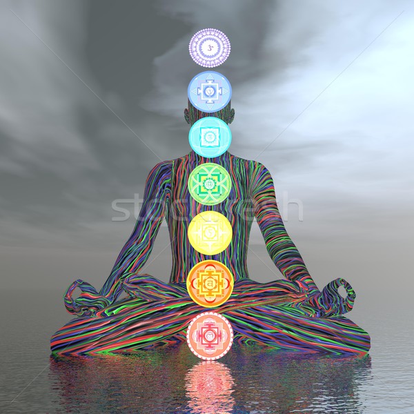 Felhős meditáció 3d render férfi meditál hét Stock fotó © Elenarts