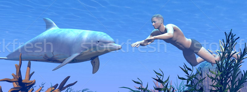 Delfin człowiek pływanie 3d podwodne wody Zdjęcia stock © Elenarts