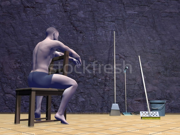 Perplesso uomo pulizia strumenti rendering 3d seduta Foto d'archivio © Elenarts