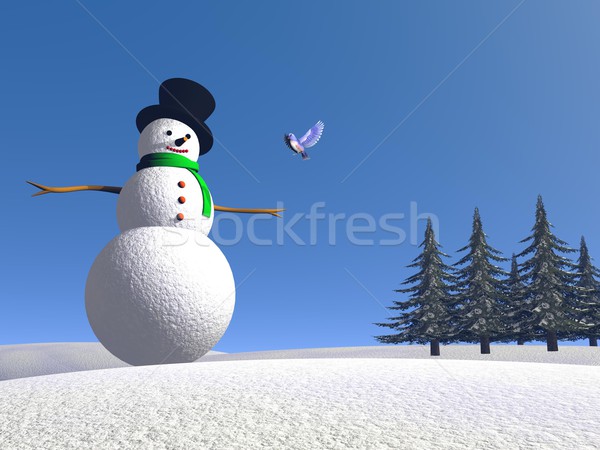 Snowman and bird - 3D render Stock photo © Elenarts