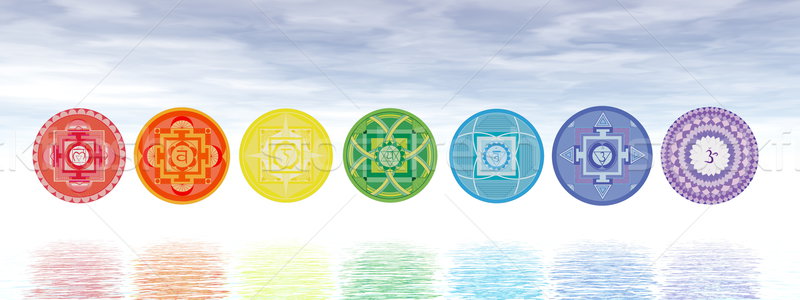 Sette chakra simboli line rendering 3d acqua Foto d'archivio © Elenarts