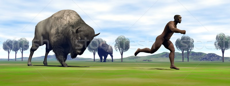 Bison charging homo erectus - 3D render Stock photo © Elenarts