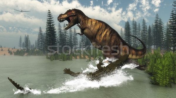 Tyrannosaurus rex dinosaur attacked by deinosuchus crocodile - 3D render Stock photo © Elenarts