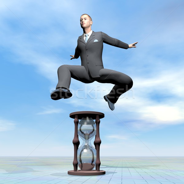 Stock photo: Businessman jumping upon hourglass - 3D render