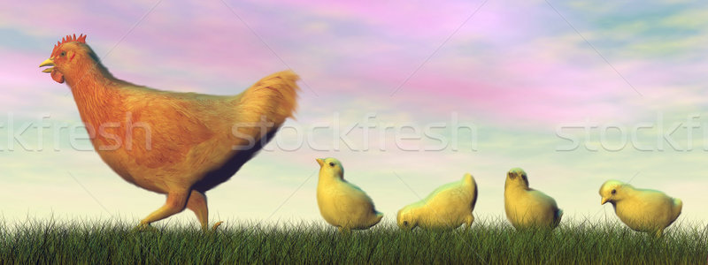 Foto d'archivio: Madre · gallina · pulcini · rendering · 3d · piedi · cute