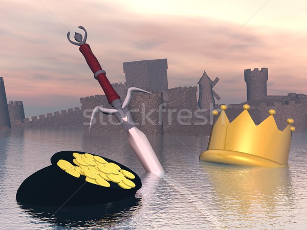 Abschluss Lizenzgebühren 3d render golden Krone Schwert Stock foto © Elenarts
