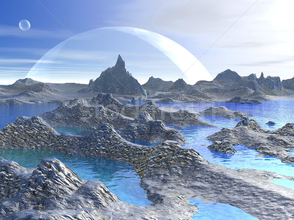 Fantasia panorama rendering 3d blu rocce acqua Foto d'archivio © Elenarts