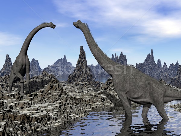 Сток-фото: Динозавры · 3d · визуализации · два · пейзаж · воды · горные