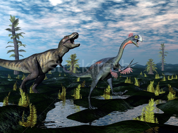 Tyrannosaurus rex attacking gigantoraptor dinosaur - 3D render Stock photo © Elenarts