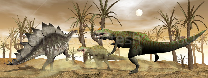 Allosaurus and stegosaurus dinosaurs fight - 3D render Stock photo © Elenarts