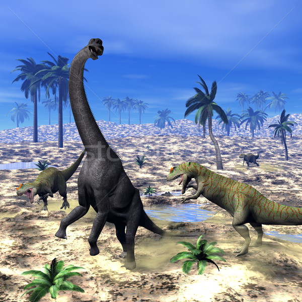 Allosaurus attacking brachiosaurus dinosaur - 3D render Stock photo © Elenarts